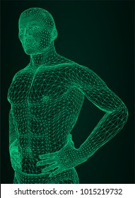 The man is bending his hands on his belt. The person of the athletic constitution expects or is relaxed. Vector illustration of a black lines on a white background.