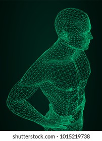 The man is bending his hands on his belt. The person of the athletic constitution expects or is relaxed. Vector illustration of a black lines on a white background.