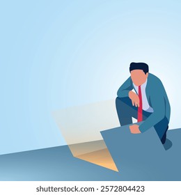 A man bends down to open a secret door in the floor. Illustration to open secrets, find strategies and open business tips.