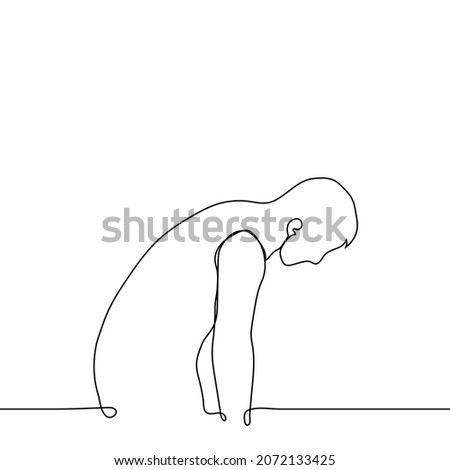 man bent his head and hands down - one line drawing vector. concept of exhaustion, powerlessness, sadness, curvature of the spine
