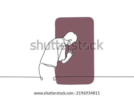 man bent over the door peephole - one line drawing vector. the concept of unwanted and uninvited guests, sociopath does not want to open the door, spy on the neighbors