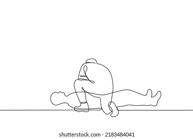 man bent over a lying person - one line drawing vector. concept rescuer checks person in a faint, passer-by bent over a fallen or asleep person, kneel before the dead