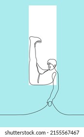 man bent over while sitting in a vertical window - one line drawing vector. concept it is difficult to fit into the framework, strict boundaries of what is acceptable, inappropriate and inconvenient  svg