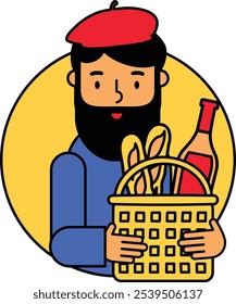Man in a beret with a basket of baguettes and a bottle of red wine for a picnic vector cartoon illustration. The wine and bread festival in France. Lively and festive atmosphere