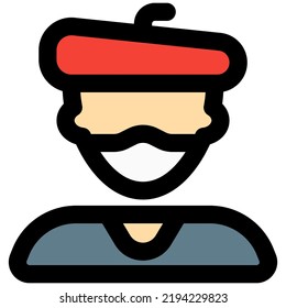 Man with beret hat having mask on for safety.
