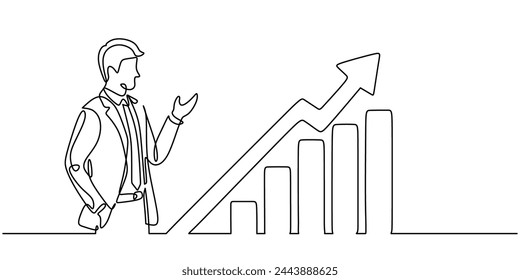 Man beside Growing graph in continuous line drawing. business chart.