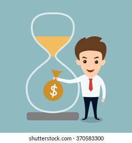 Man beside hourglass holding money bag- time is money