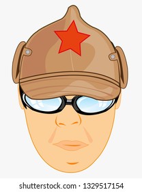 Man bespectacled in headgear budenovka on white background 