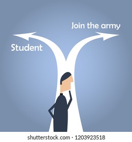 Man between two choices. Separation. Student or Join the army?