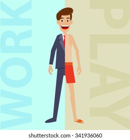 Man between work and play clothes, vector cartoon