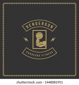 Man biceps logo or badge vector illustration, male hand holding dumbbell symbol silhouette. Retro typography fitness emblem design template or t-shirt print stamp.
