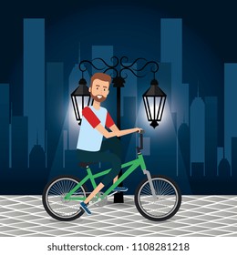 man with bicycle in the cityscape