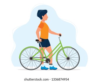Man with a bicycle, concept illustration for healthy lifestyle, sport, cycling, outdoor activities. Vector illustration in flat style