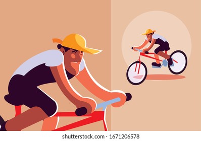 man with bicycle, man with healthy lifestyle vector illustration design