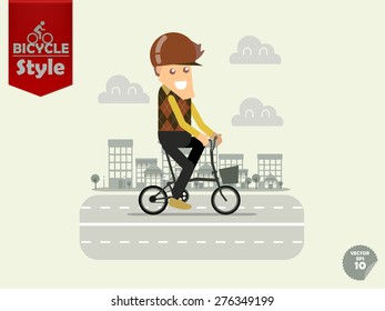 man with bicycle helmet is cycling folding bicycle with town background,folding bicycle concept