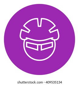 Man in bicycle helmet and glasses line icon.