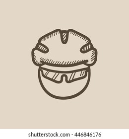 Man in bicycle helmet and glasses vector sketch icon isolated on background. Hand drawn Man in bicycle helmet and glasses icon. Man in bicycle helmet sketch icon for infographic, website or app.