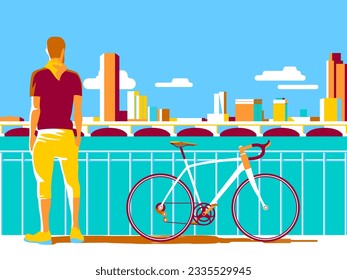 
A man with a bicycle on the embankment against the background of the bridge and city buildings. Handmade drawing vector illustration. Pop art style.