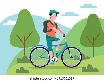 man in bicycle on the landscape healthy lifestyle vector illustration design