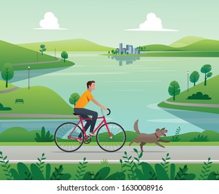 man in bicycle in park with city