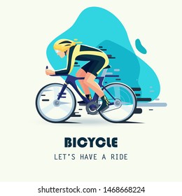 Сyclists man in bicycle race  isolated on white background in flat style. Vector illustration of speed bike racing. Concept of sport life, bikers, bicycling