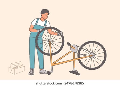 Man is bicycle repairman, fixing wheels or assembling cycle from purchased spare parts. Bicycle maintenance to avoid breakdowns and increase comfort of cycling or speed tournaments for cyclists