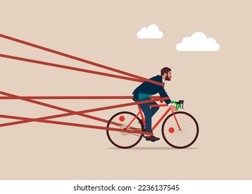 Man with Bicycle tied up with red tape trying to run away with full effort. Business difficulty or struggle with career obstacle, limitation and trap or challenge to overcome to success concept.