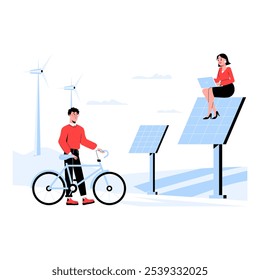 Man With Bicycle And Woman On Solar Panel Symbolizing Renewable Energy And Eco Friendly Lifestyle In Flat Vector Illustration, Isolated On White Background