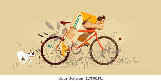 Man bicycles through tall grass and dog running after with his tongue hanging out. Modern flat cartoon vector illustration for poster, banner, card, postcard, event icon logo or badge.