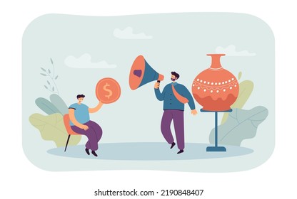 Man bidding big gold coin for vase with ornament. Worker with megaphone, bidder proposing price for item flat vector illustration. Auction, sale concept for banner, website design or landing web