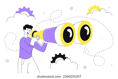 Mann mit einem großen Fernglas-Linienkonzept. Junge Leute mit Planung und Zielsetzung. Aspiration und Zukunft. Geschäftsmann und Unternehmer mit Geschäftsprojekt. Lineare flache Vektorgrafik