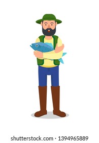 Man with Big Blue Fish in Hand on White Background. Catch Fish.Hobby Fishing. Spend Holiday in Nature. Camping in Mountains. Fisherman Clothes. White Background. Vector Illustration.