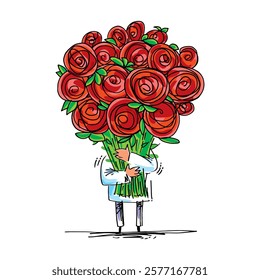 Man with a big bouquet of flowers, vector illustration for design, packaging, holidays