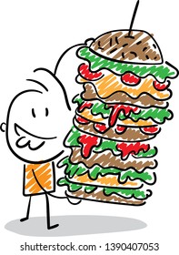 Man with a big burger -  isolated vector illustration outline hand drawn doodle line art cartoon design character.
