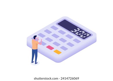 Man with big calculator. Isometric Vector illustration.