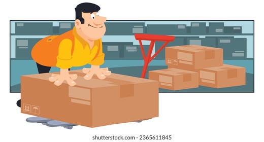 Man with big carton. Loader carries large box. Funny people. Illustration concept template for website, web landing page, banner, presentation, social, poster, promotion or print media.