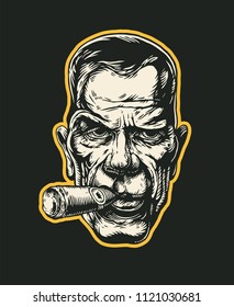 Man With A Big Cigar In His Mouth.Drawing Style. Vector illustration.