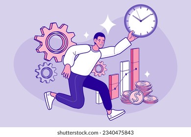 Man with big clock in hand. businessman and big gear. Time management. Efficiency in business, work productivity. Concept lack of time. Very busy run. quick response. Vector illustration