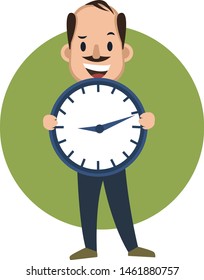 Man with big clock, illustration, vector on white background.