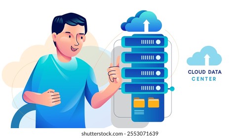 Hombre con la nube grande con la flecha como símbolo del servicio de almacenamiento en línea. Descarga de datos y concepto de Cargar. Ilustración de diseño plano moderno.