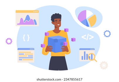 Man with big data analytics concept. Young guy works with statistics. Worker with graphs, charts and diagrams, infographics. Poster or banner for website. Cartoon flat vector illustration