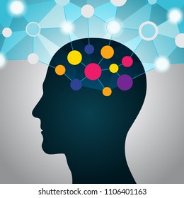 Man and big data, communication, contacts, business. A global network in the head. Flat design