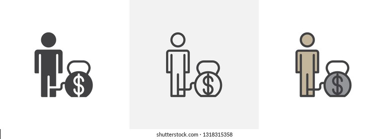 Man with a Big Debt Weight icon. Line, glyph and filled outline colorful version, debt outline and filled vector sign. Symbol, logo illustration. Different style icons set. Pixel perfect vector 