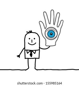 Mann mit großem Auge in der Hand