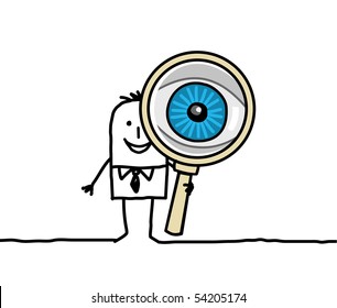 man with big eye & magnifying glass