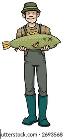 man with a big fish he just caught, vector illustration