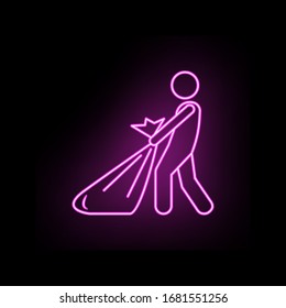 Hombre con un gran ícono de neón de basura. Línea delgada simple, contorno vector de bolsos masculinos e iconos de equipaje para ui y ux, sitio web o aplicación móvil