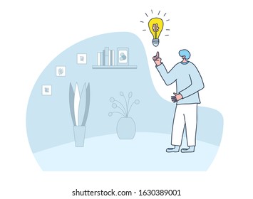 Man with big hair stanging full length with pointing hand Male person wearing on loose clothes having an idea. Vector  illustration.