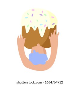 A man with big hands holds a big easter bun. Vector image isolated on a white background.
