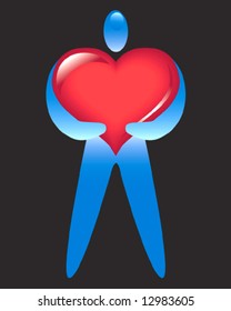 Man with big heart at black background